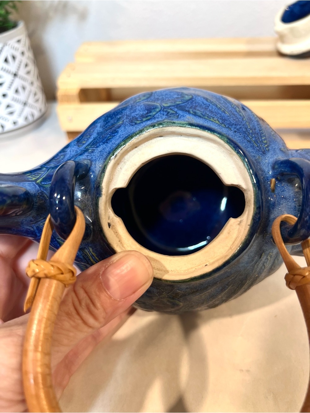Ceramic Chicken Form Teapot | Cobalt Blue Ceramic w Bamboo Handle | Indonesia - Picture 8 of 11